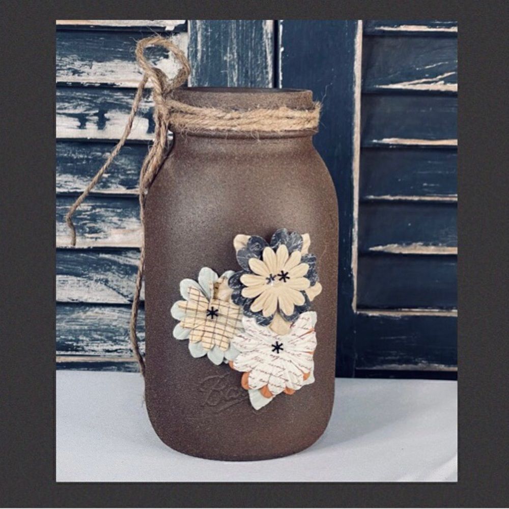 Hand Painted Textured Quart Mason Jar with 3D Paper Flowers and Jute Twine Bow